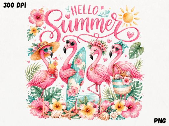 Download Hello Summer Flamingos PNG, Tropical Bea - Premium Bundle