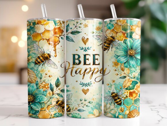 Download Bee Happy Floral 20oz Tumbler Wraps PNG - Tumbler wrap Collection